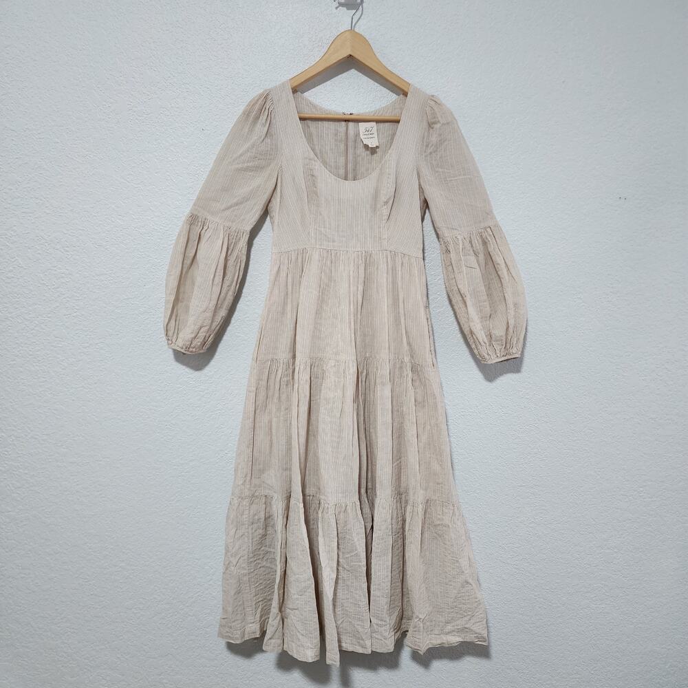 Cinq a Sept Striped Ivory Bishop Sleeve Midi Dress XS Cotton Cottagecore